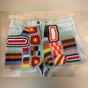 Farm Rio Mixed Crochet Denim Jean Shorts Sz 31